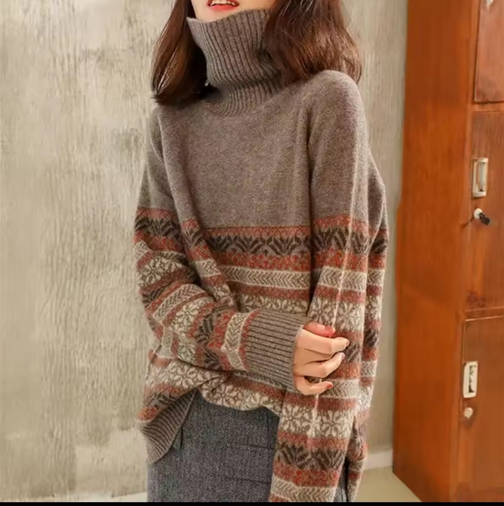 High-collar Sweater Women's Pullover Autumn/winter Loose-fit Jacquard-knit Thick - Picture 2 of 4